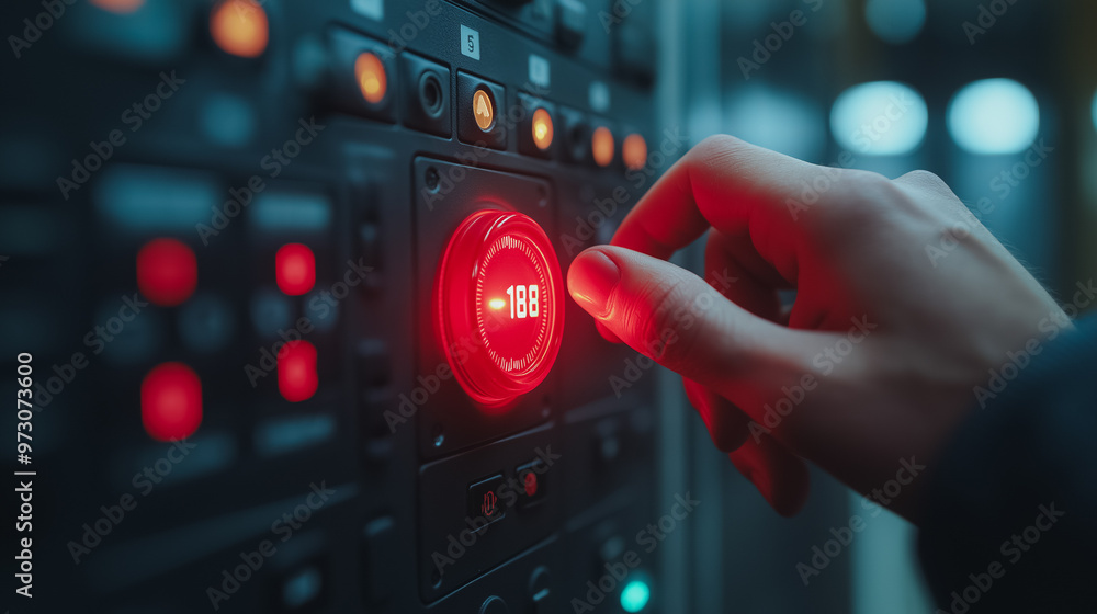 Poster a person is pressing a red button with the number 138 on it. concept of urgency or importance