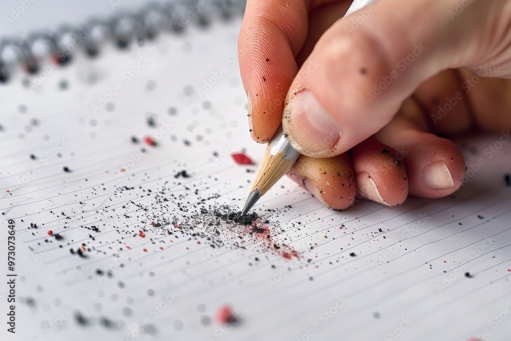 Aufkleber a hand grips a pencil, sketching on a notepad that is layered with graphite particles and vibrant pe