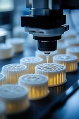 A close-up of a 3D printer nozzle creating detailed white objects in an automated process, ideal for illustrating advanced manufacturing, industrial design, or technological innovation,