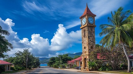 Tropical paradise meets colonial charm: Iconic clock tower stands tall amidst palm trees and colorful buildings, with a glimpse of azure waters in the distance.