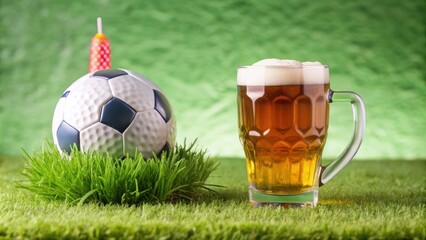 Soccer birthday celebration on green grass with golf ball, beer, and happy birthday sign