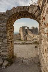 The famous old town of Berat in Albania. Picturesque street with houses from the Ottoman era. Beautiful landscape in central Albania.