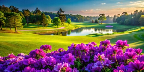 Vibrant purple flowers add a pop of color to this beautiful golf course scene