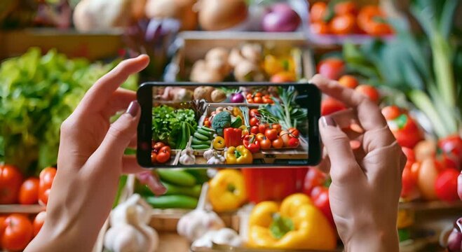 A person in blue gloves holds up their smartphone to take a photo of a tray of blue vegetables