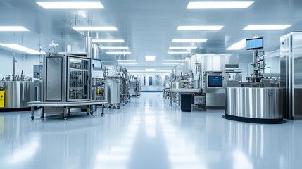 Modern pharmaceutical manufacturing facility with advanced equipment, clean room environment, and state-of-the-art technology for drug production and research.