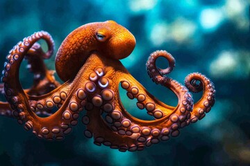 Naklejka premium An orange octopus gliding through the deep sea, its tentacles flowing gracefully in the water