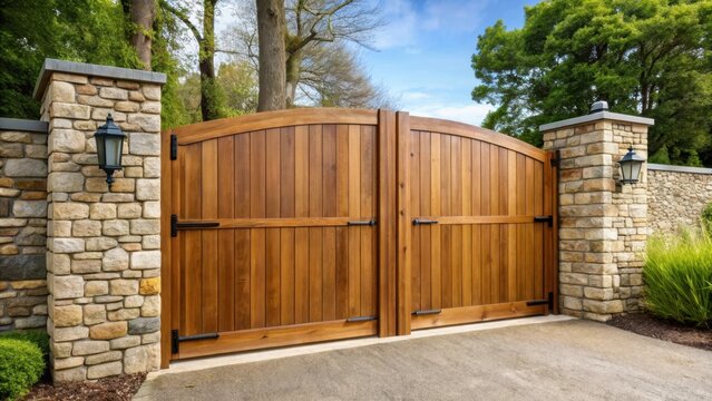 Large wooden entry electric gates at the entrance of a stone driveway
