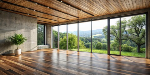 Modern loft room with nature view, wood floor, concrete wall, wooden ceiling, big windows, garden view