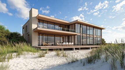 Obraz premium A newly built house with a contemporary coastal design, including light-colored wood siding, large windows,