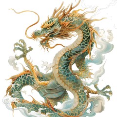 Fototapeta premium Ethereal Chinese Dragon in Flowing, Intricate Digital on White Background