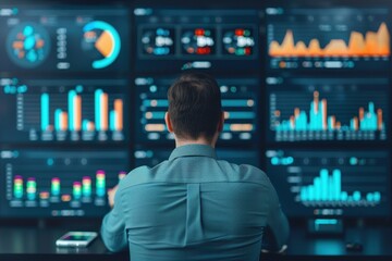 Business analyst wearing glasses, analyzing financial charts and data displayed on multiple digital screens, focusing on market trends and statistics.