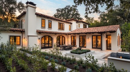 A newly built house with a Mediterranean-inspired design, featuring stucco walls, a tile roof, and an inviting courtyard