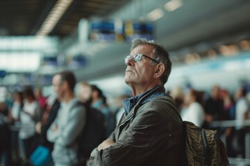 An elderly man stands in contemplation at a bustling airport terminal, surrounded by fellow travelers, showcasing the anticipation and emotions of travel.