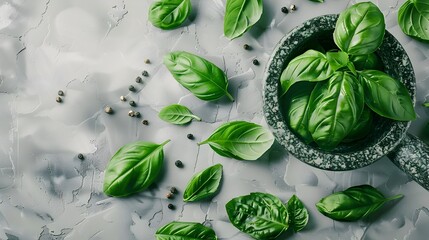 Fresh Green Basil Leaves and Mortar Pestle on Grey Kitchen Counter