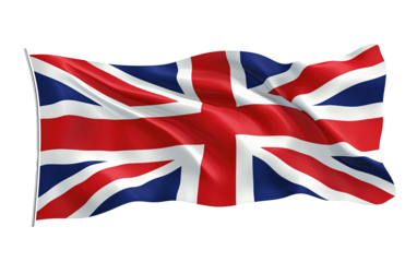 United Kingdom UK flag waving on transparent background, png	