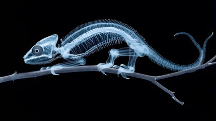X-ray of a Chameleon Gripping a Branch: X-ray image of a chameleon gripping a branch, showing the skeletal adaptation of its limbs. 
