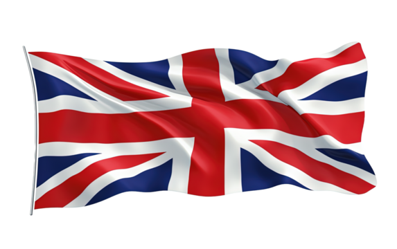 United Kingdom UK flag waving on transparent background, png	
