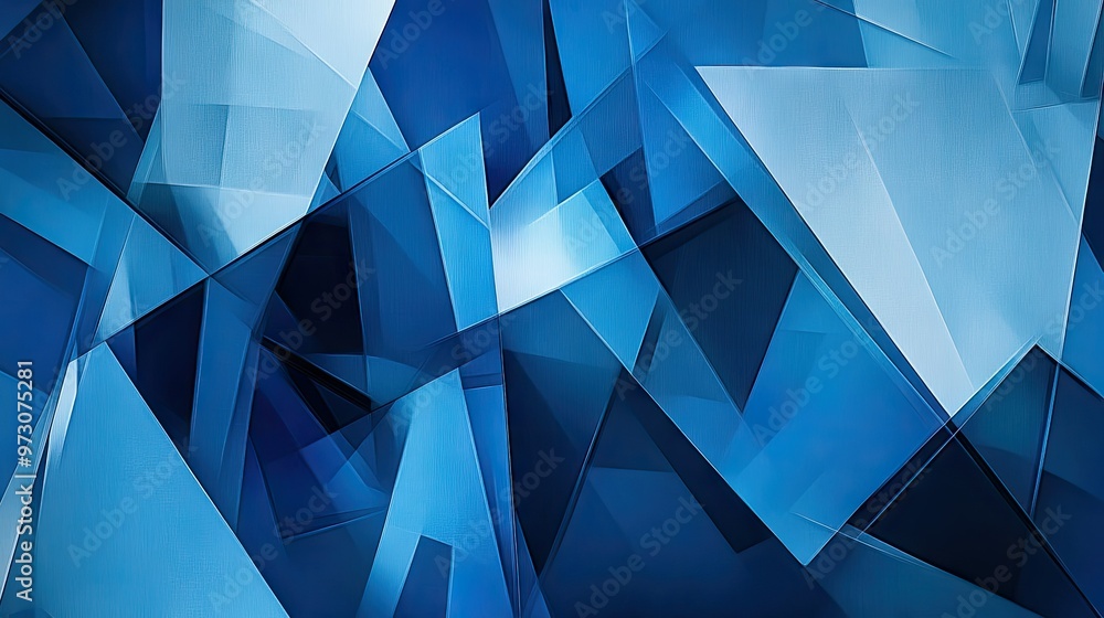 Poster geometric shapes in varying shades of blue, overlapping and creating depth in a modern abstract desi