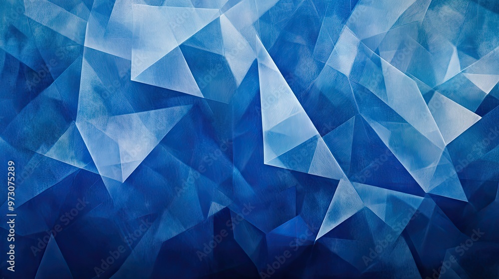 Poster geometric shapes in varying shades of blue, overlapping and creating depth in a modern abstract desi