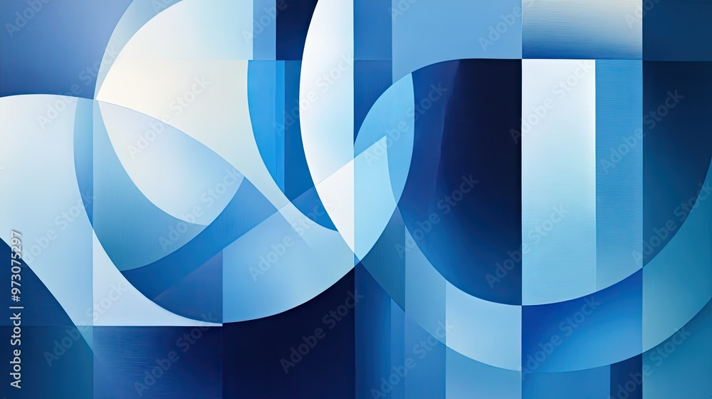 Poster geometric shapes in varying shades of blue, overlapping and creating depth in a modern abstract desi