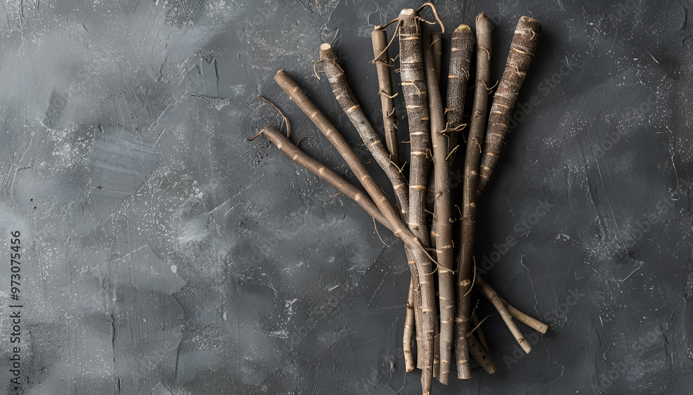 Wall mural Raw salsify roots on grey table, flat lay