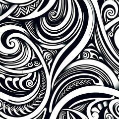 Mesmerizing Maori-Inspired Tattoo Pattern with Intricate Monochrome Swirls and Curves