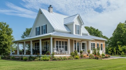 A newly constructed home with a farmhouse design, including a wraparound porch, metal roof, and traditional wooden siding.