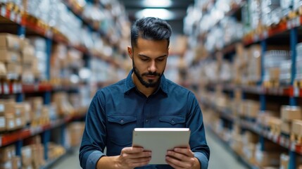 Warehouse manager in a large storage facility, using a digital tablet to check inventory. Shelves filled with boxes line the background, highlighting a busy and organized storage environment.