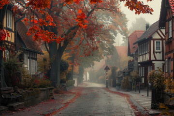 Fototapeta premium A street with houses on both sides and a tree with red leaves