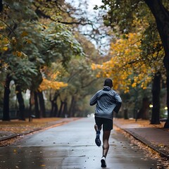 Obraz premium Runner Maintaining Posture During Rainy Autumn Jog on Leaf-Covered Path