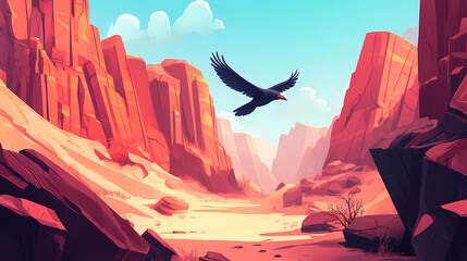 Naklejka premium A raven flies in a canyon with red mountains. modern cartoon landscape of a gorge with stone cliffs, rock faces and a raven. Grand Canyon. Illustration