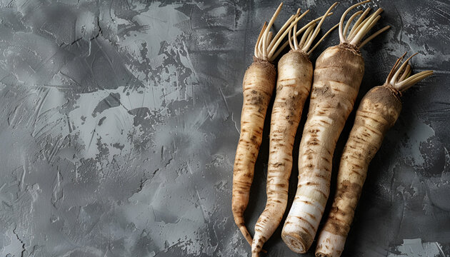 Raw salsify roots on grey table, flat lay