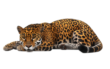 Wild lying jaguar on transparent background, png