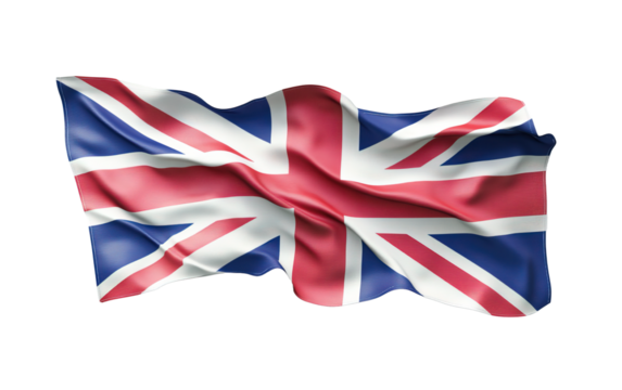 United Kingdom UK flag waving on transparent background, png	