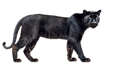Wild standing black panther on transparent background, png	