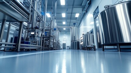 Modern brewery interior with stainless steel tanks and equipment, showcasing a clean, industrial environment for beer production and fermentation.