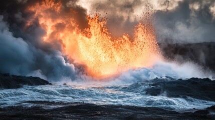 A powerful scene of a geyser erupting against a backdrop of swirling flames