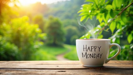 Happy Monday message on a coffee cup surrounded by nature