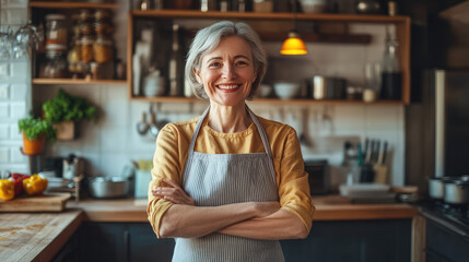 older healthy and happy mom and her kitchen 