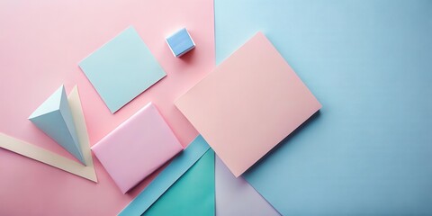 Blue and pink pastel color paper geometric shapes arranged in a flat lay