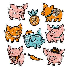 Set of funny pigs, world pig day, oink, vector, isolated, flat. for design packaging, stationery.
