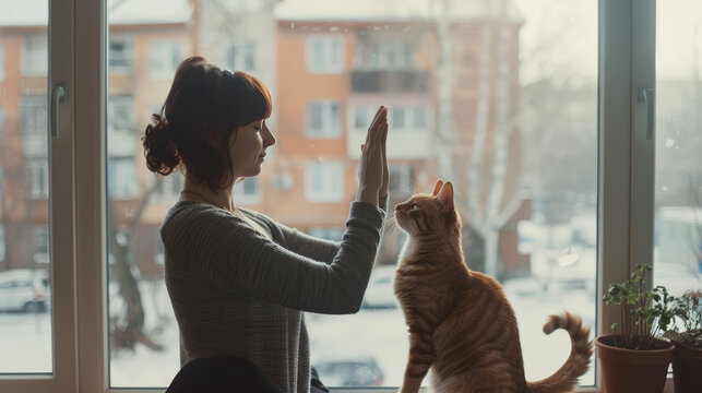 a woman is doing yoga meditation with her cat in the pet friendly apartment .