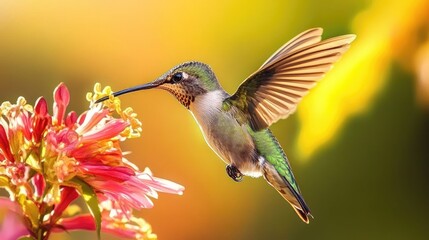 Fototapeta premium Hummingbird in flight, feeding from a flower 