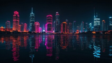 Neon cityscape reflection at night.