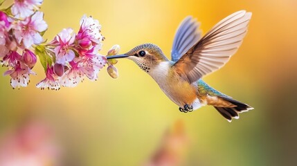 Hummingbird in flight, feeding from a flower 