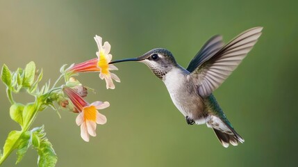 Fototapeta premium Hummingbird in flight, feeding from a flower 