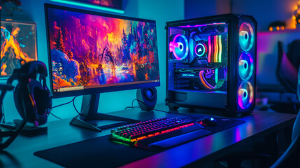 A powerful gaming computer with colorful lights and a liquid cooling system. It sits on a desk with a keyboard in a dark room.