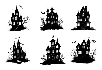Illustration of silhouette a scary house. Mystical house with monsters and ghost for Halloween. Spooky house. Vector illustration for the store. Tattoo