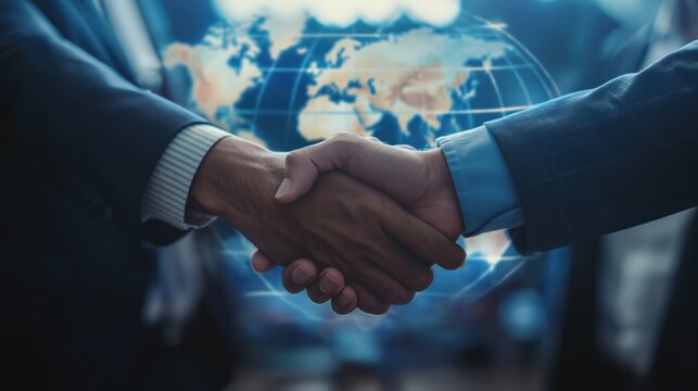 Global Business Connections Concept: Close-up Handshake with World Map Overlay,