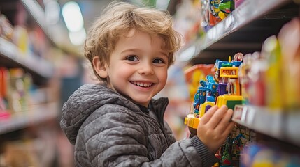 portrait smiling kid standing in a toy store. A boy is choosing toys in a toy store.